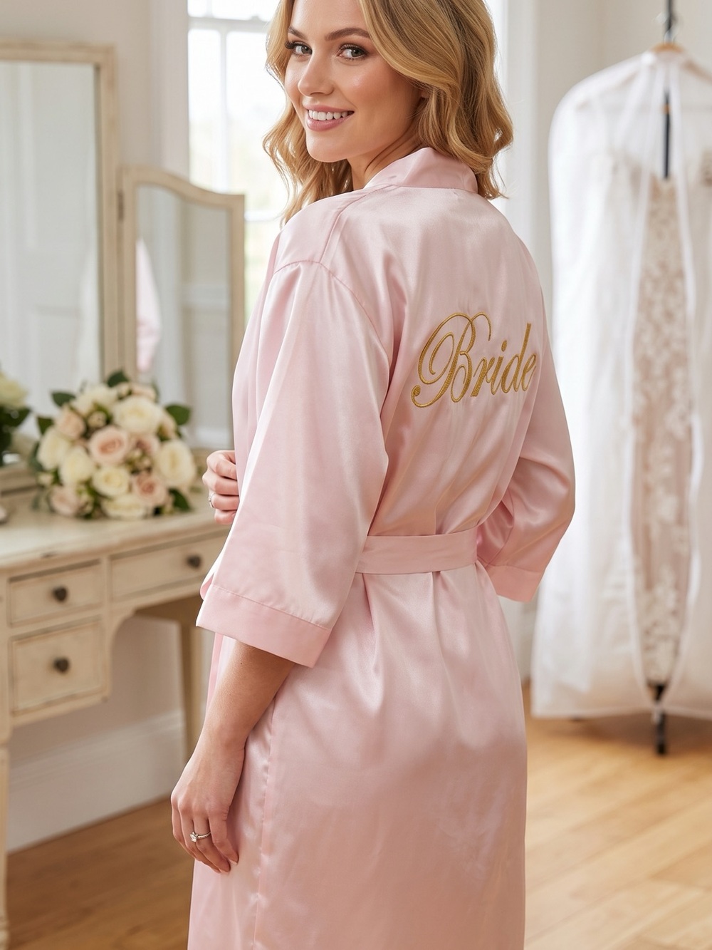 Bride Embroidered Satin Robe - Pink